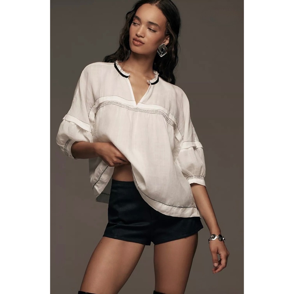 Maeve Anthropologie Ramie Balloon Sleeve Contrast Stitched Blouse Size L